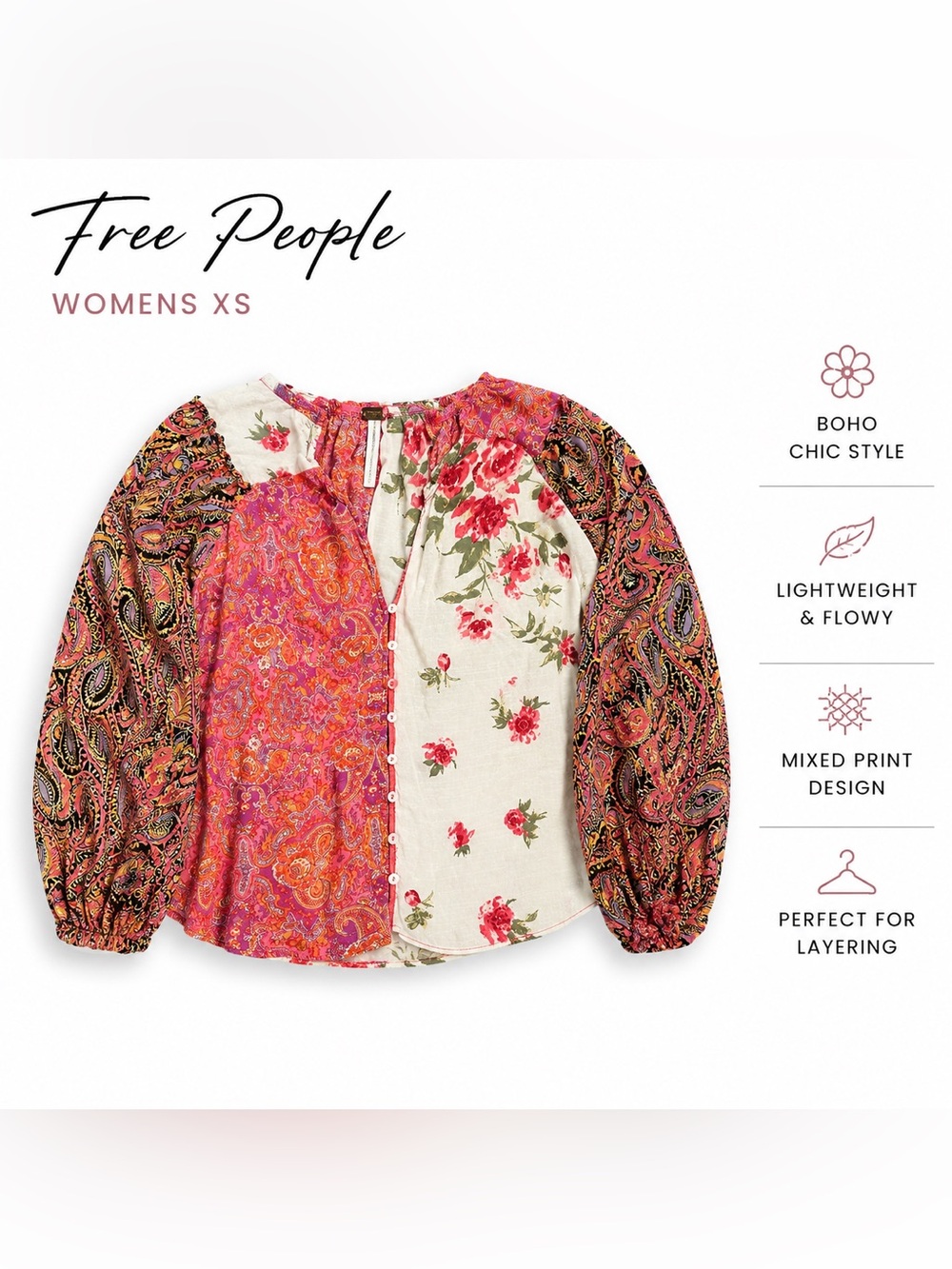 Free People Mixed Print Button-Up Blouse in Pink & Cream